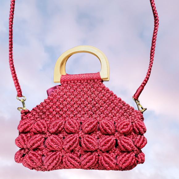Legarda Handmade Macrame Red Boho Knit Crossbody Bag with Wooden Handles - Picture 5 of 8